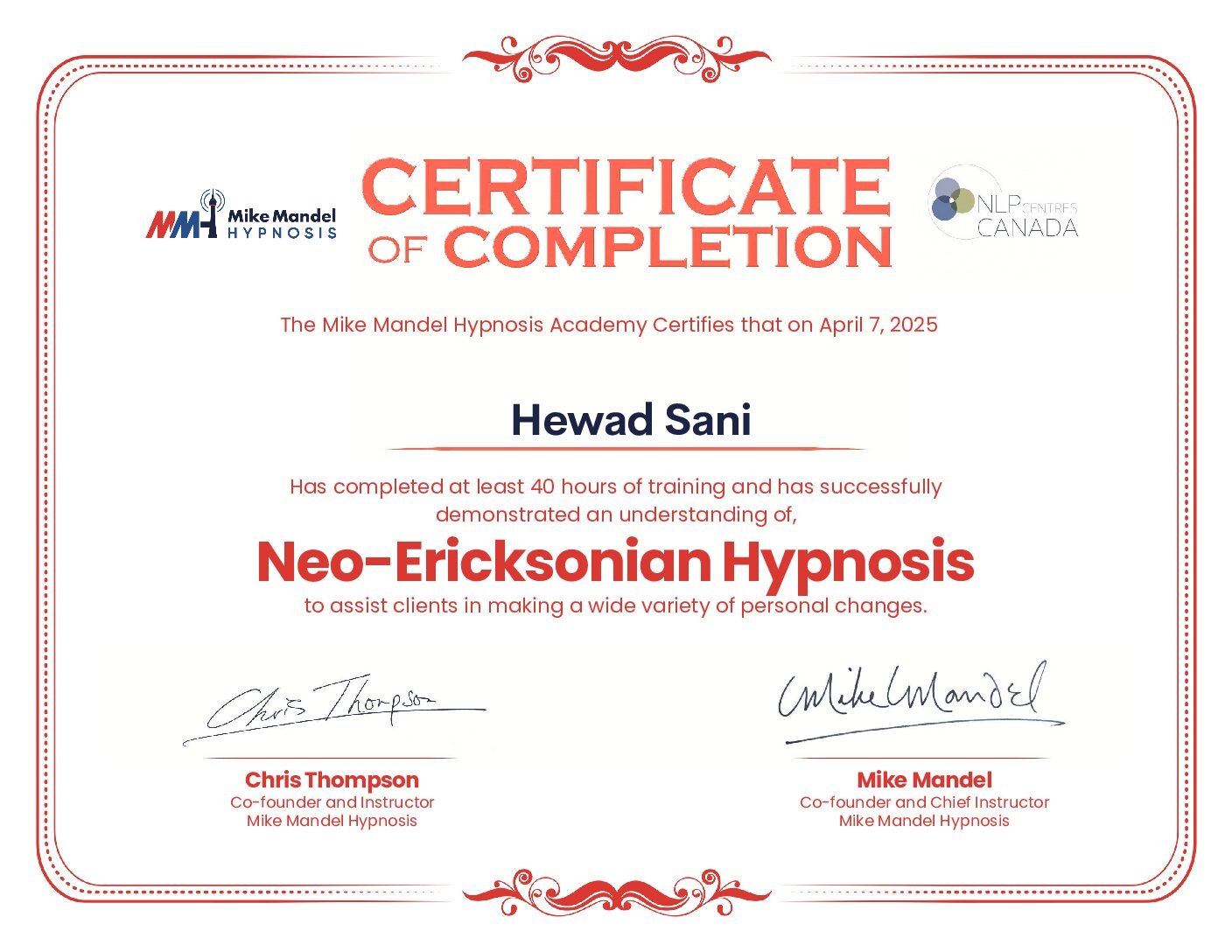Mike Mandel Hypnosis Certificate